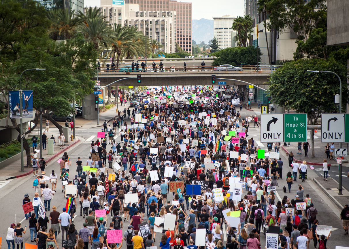 Large group of protesters march in Los Angeles.