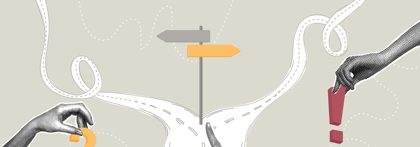 Two hands with a question mark and explanation mark and two signs pointing toward different paths.